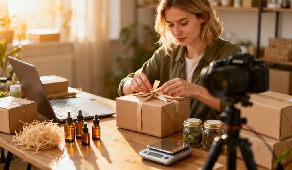 Entrepreneure emballant une commande bio