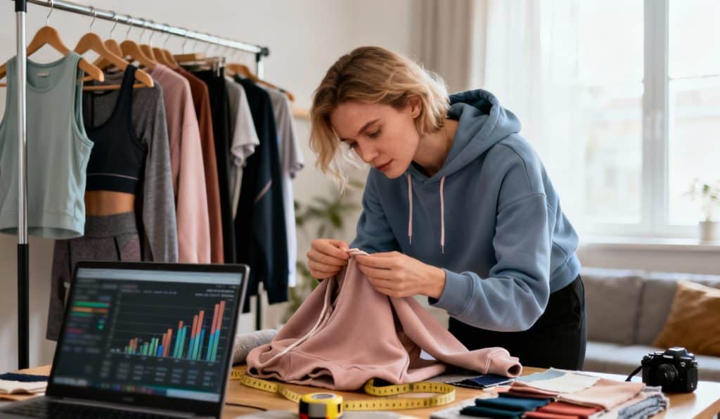 Entrepreneure inspectant hoodie en studio