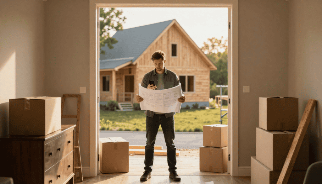 Entrepreneur entre interieur luxueux et maison en construction