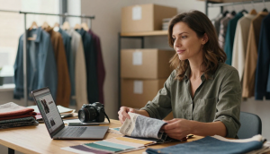 Propriétaire boutique textile devant ordinateur